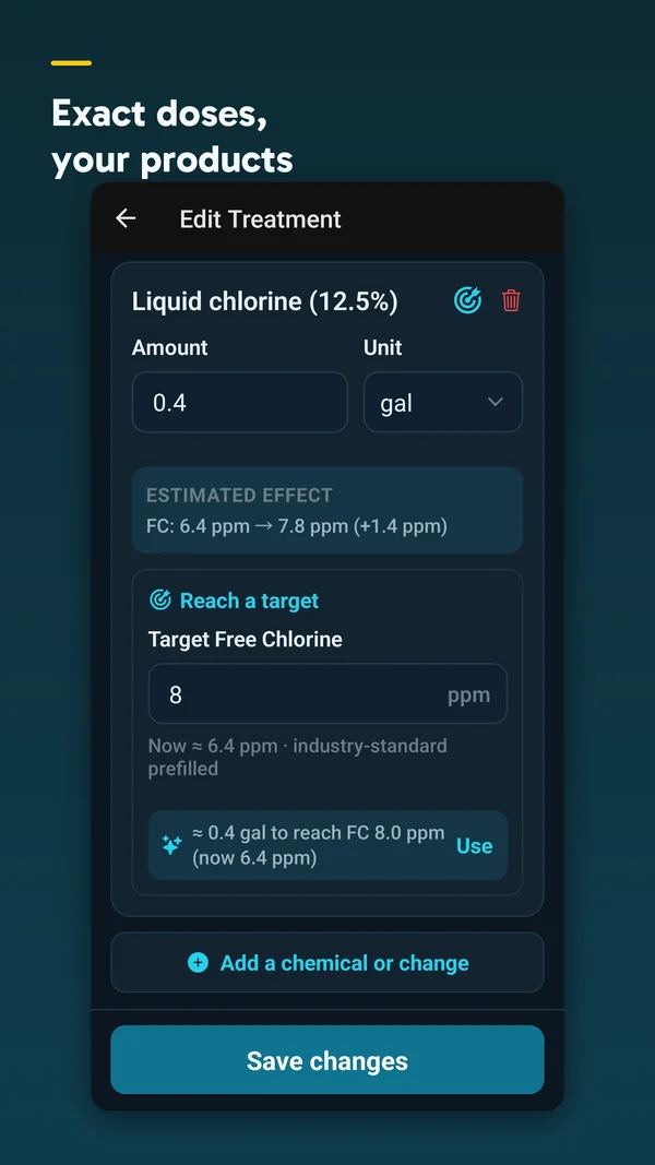 Treatment screen showing a liquid chlorine dose calculated to reach a target free chlorine of 8.0 ppm